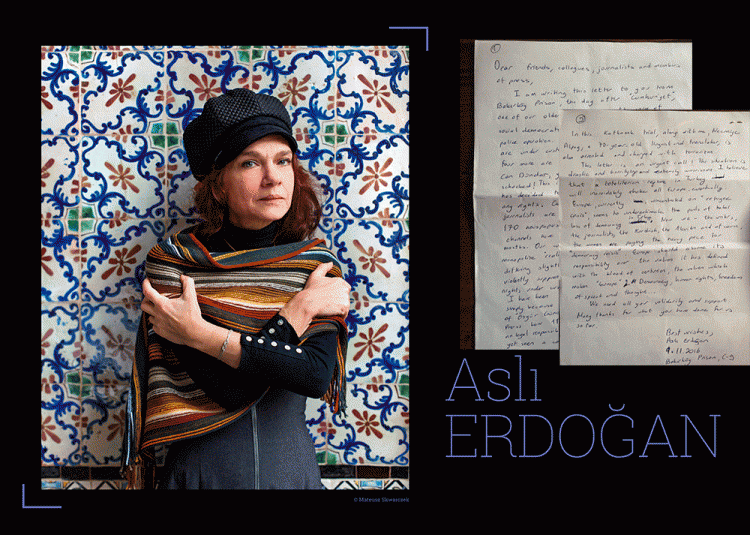 Asli Erdogan's letter of concern about the condition of free speech and democracy in Turkey. Exhibition Panel from ICORN GA in Paris March April 2016. Foto: Mateusz Skwarczek. Photo. 