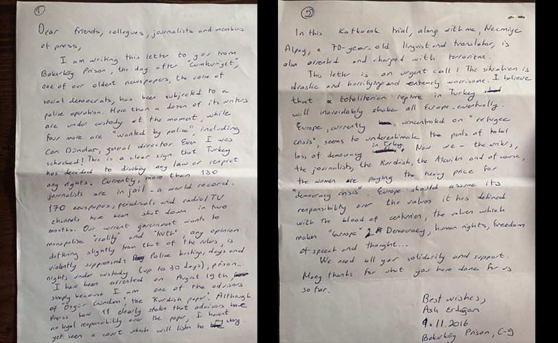  Letter from Asli Erdogsn, 1 November 2016, sent from Bakırköy prison Istanbul. Photo.