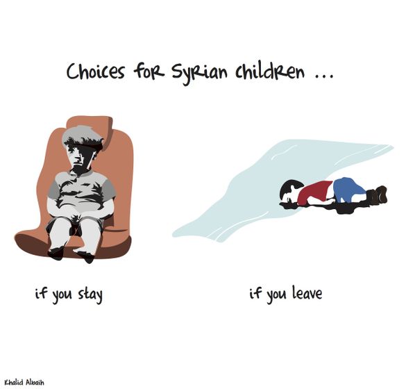 Albaih's illustraion, Choices for Syrian children, created a storm in both social and traditional media, depicting the haunting fate of Syrian children who stay and leave. Photo. 