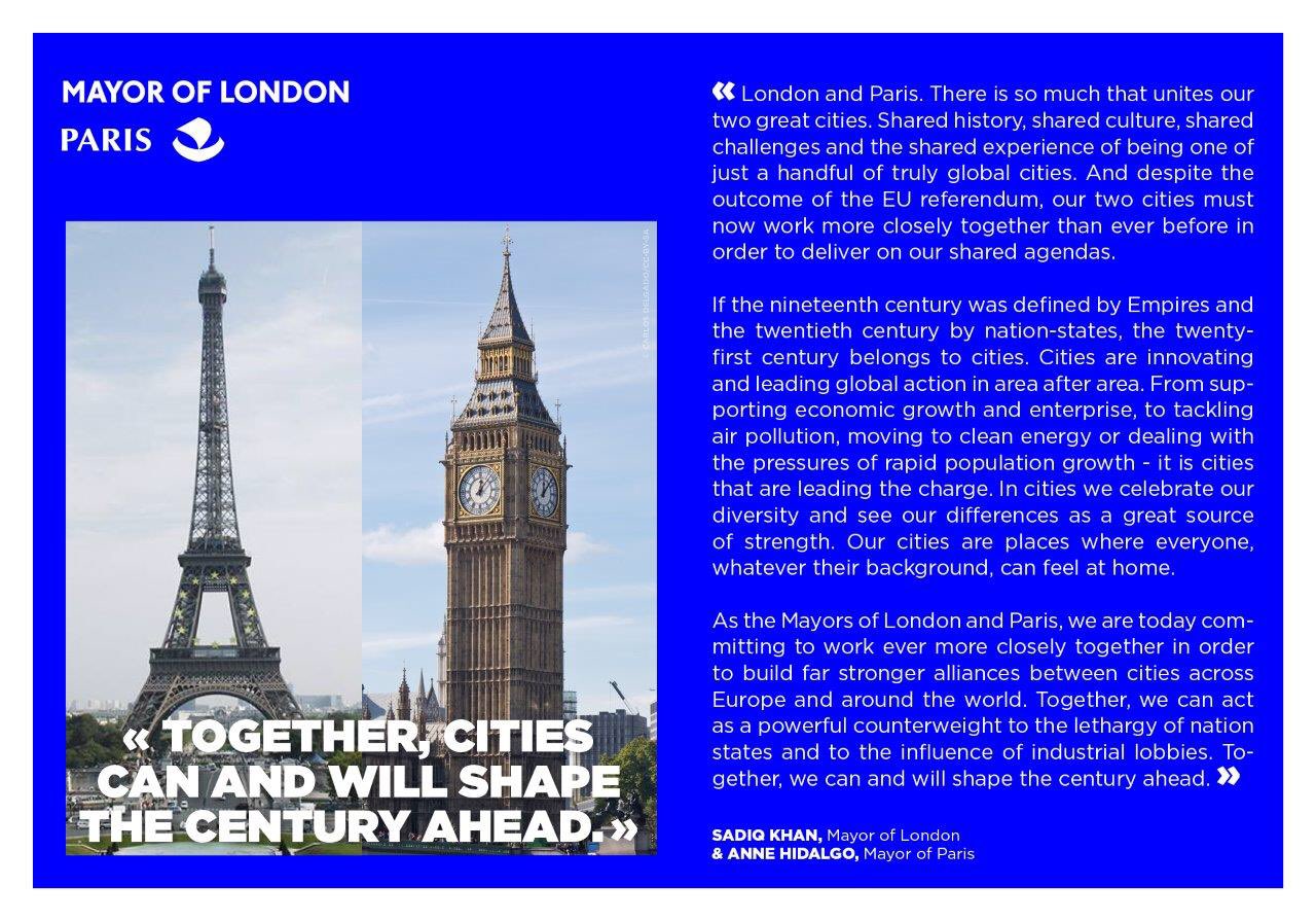 Mayors of London and Paris' statement after the EU referendum. Photo.
