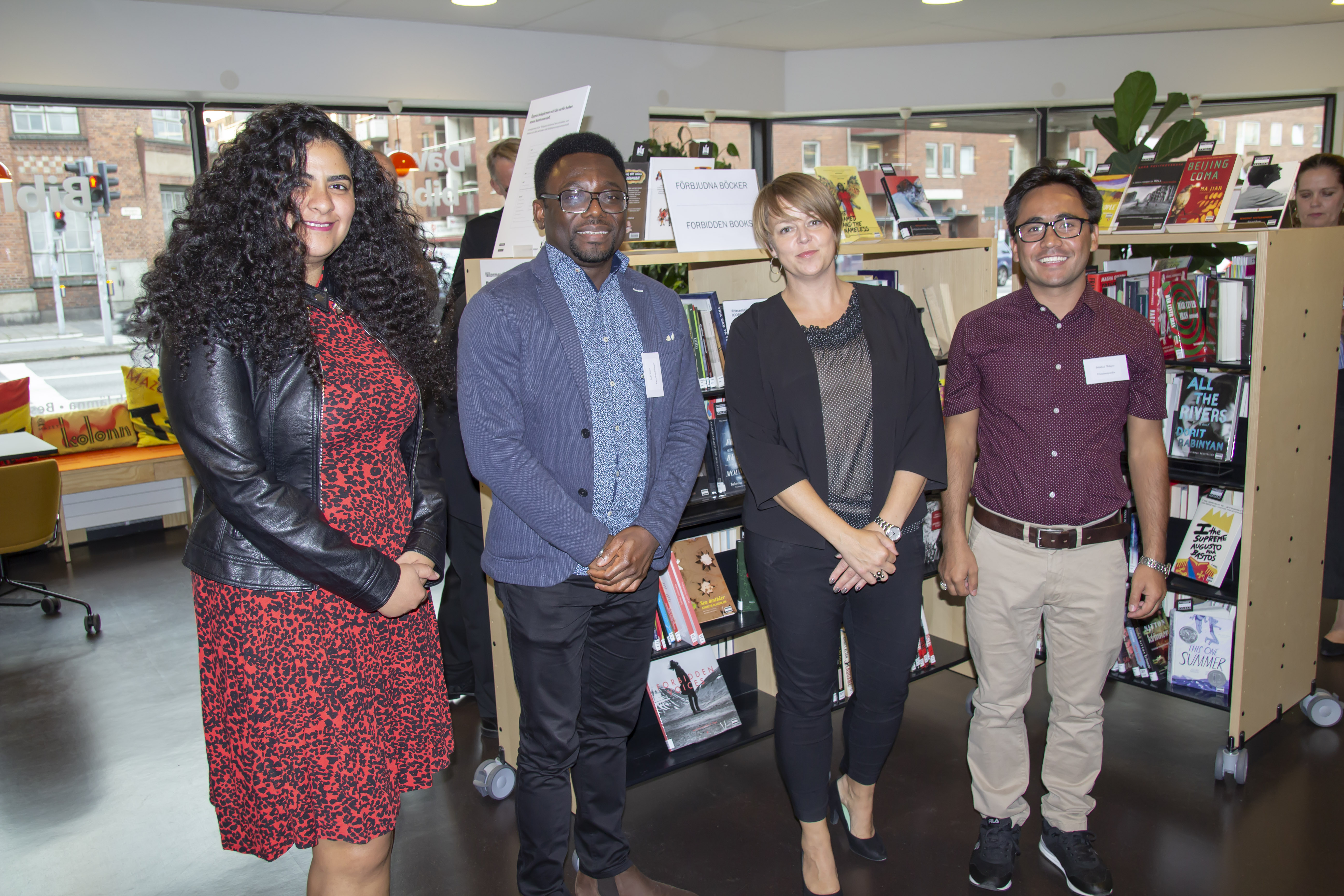 At the opening of the Dawit Isaak Library in Malmö, Sweden 15 September 2020. With three current and former ICORN resident, Yasmine El Baramny, Jude Dibia and Mukhtar Wafayee with Mayor of Malmö CIty, Katrin Stjernfeldt Jammeh. Photo.