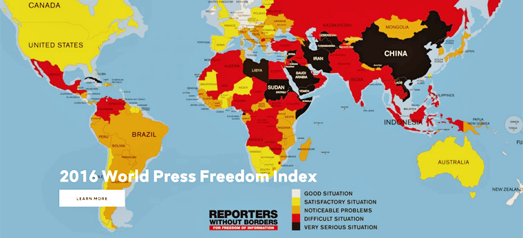 Reporters Without Borders Press Freedom Index 2016. The Index ranks 180 countries according to the freedom allowed journalists. Photo. 