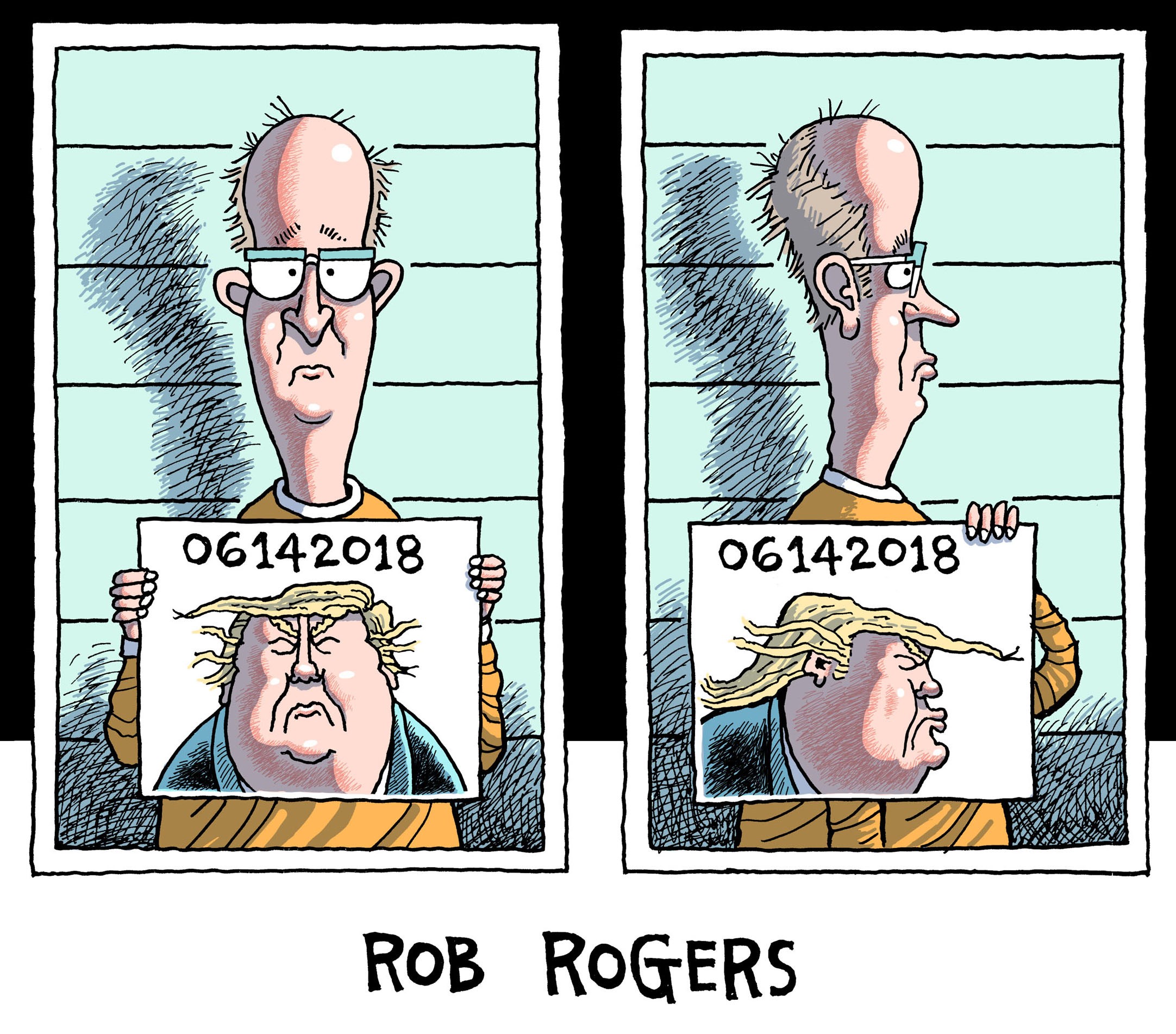 Cartoon by Rob Rogers. Photo. 
