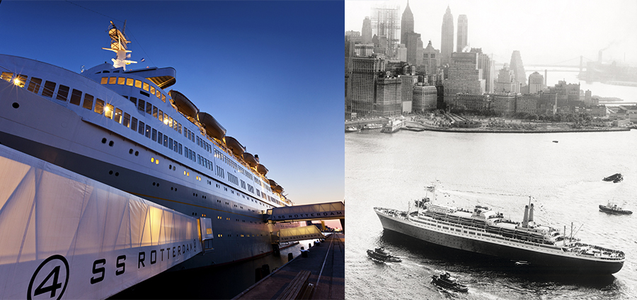 The SS Rotterdam at shore in Rotterdam in 2018 and the maidan voyage to New York in 1959. Photo. 