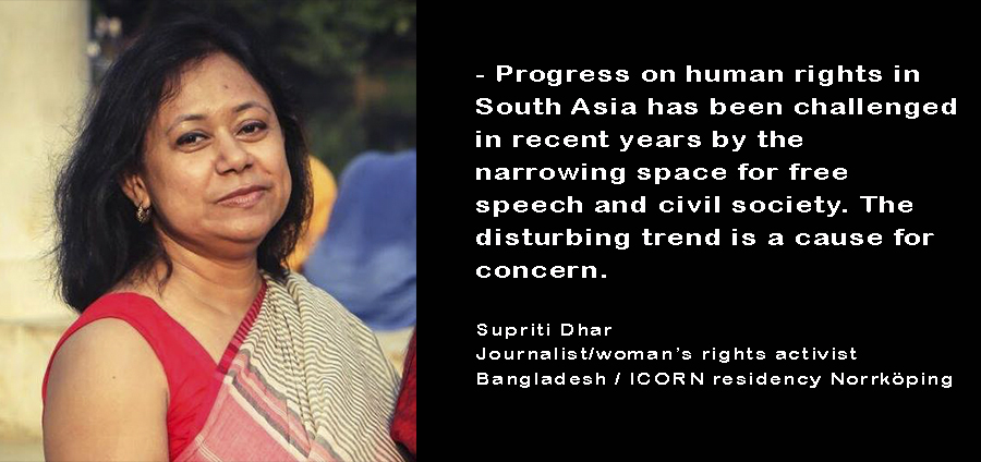 Supriti Dhar. Bangladeshi journalist and woman's rights activist, ICORN writer in Nörrköping. Photo.