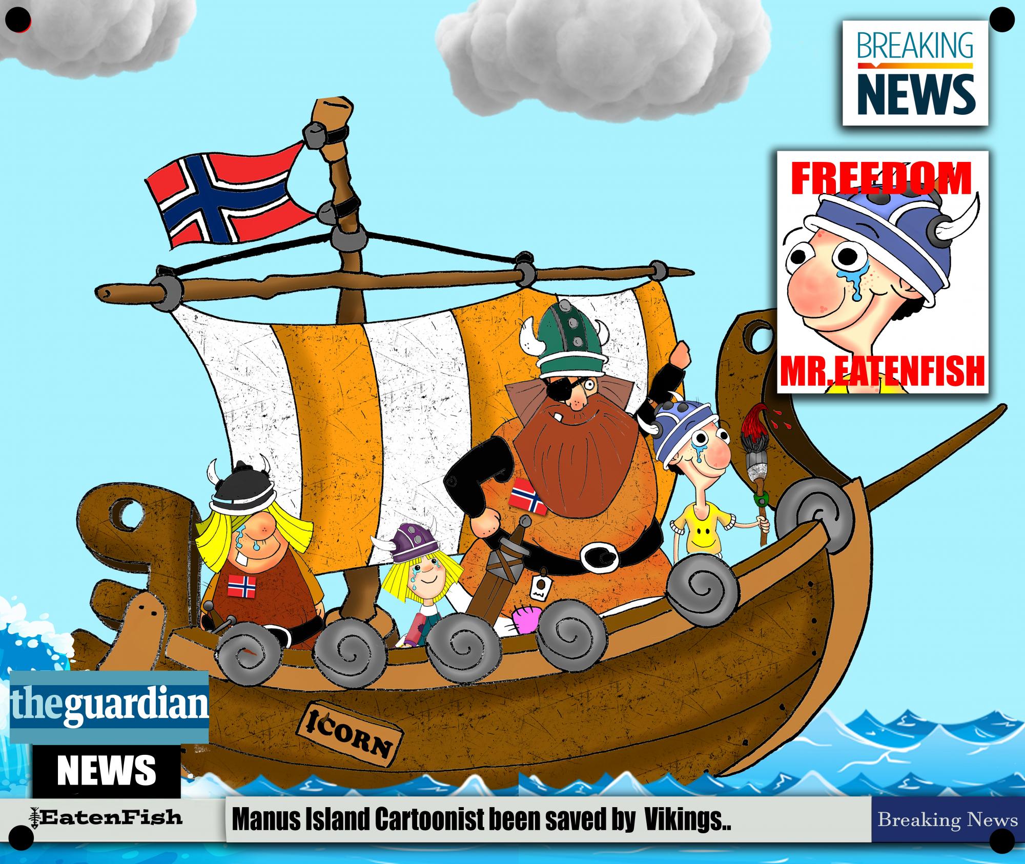 Ali Dorani/Eaten Fish Cartoon. Depicting the journey from Manus to Norway. Photo.