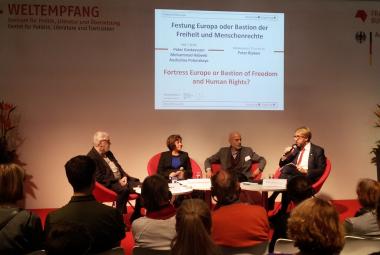 Debate at the Frankfurt Bookfair 2016 titled Fortress Europe vs Bastion of freedom and human rights. From left: Peter Ripken (Frankfurt, former ICORN Board Chair), ICORN writer in Frankfurt Anzhelina Polonskaya, ICORN writer in Stavanger Mohammad Habeeb and Peter Gustavsson (City Counciller of Culture in Uppsala City of Refuge). Photo.