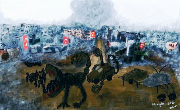 Image: Zehra Doğan "Nusaybin" (2016). The work of art published above is the reason why the artist and writer, Zehra Doğan, is now in prison for terrorist propaganda. Photo from the Dissident Blog. Photo.