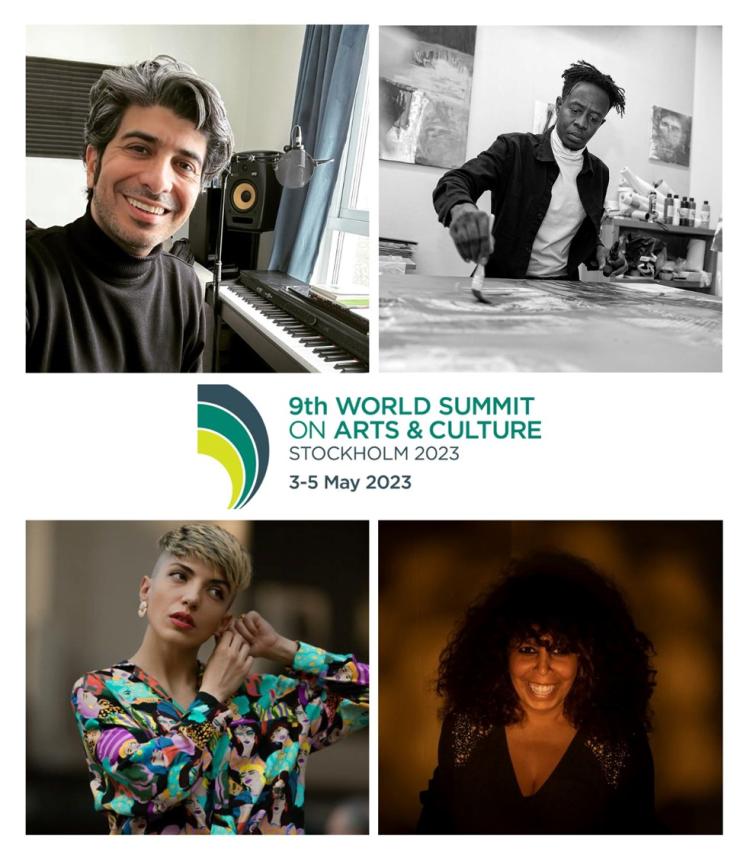 Arya Aramnejad, Abdalla Basher, Justina, and Duaa Kamel are the ICORN residents performing at the 9th World Summit on Arts and Culture in Stockholm, Sweden. 