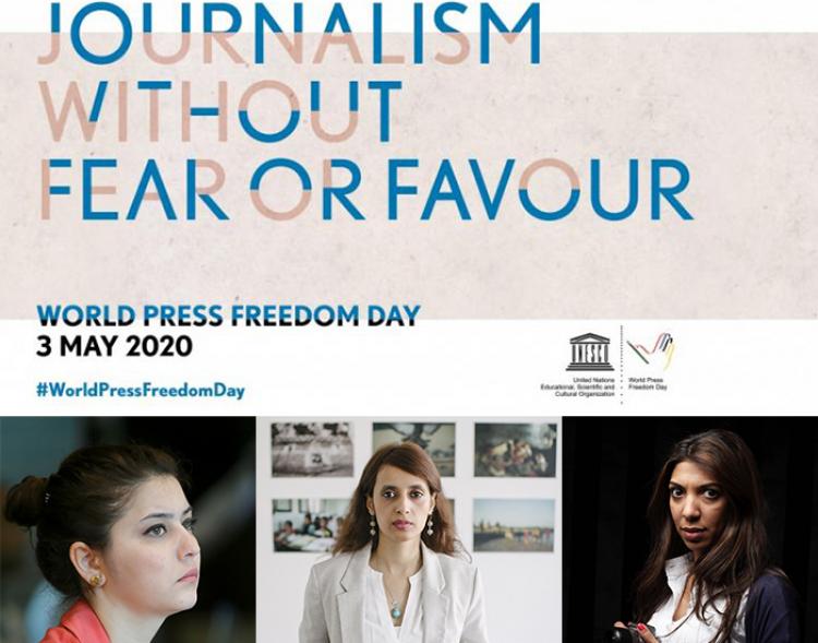 UNESCO - World Press Freedom Day - Journalism without fear or favour. From left: Zamira Abbasova, Amira Al Sharif, Nazeeha Saed. Photo.
